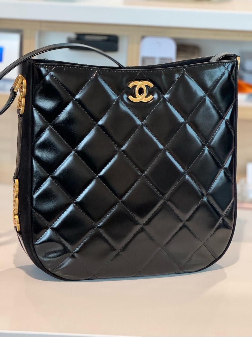 CHANEL Black Quilted Lambskin Shoulder Bag with Gold CC Accent